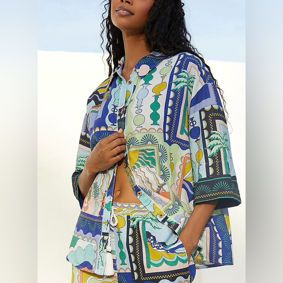 ANTHROPOLOGIE Printed Short-Sleeve Linen Shirt NWT Size Small - Picture 1 of 11